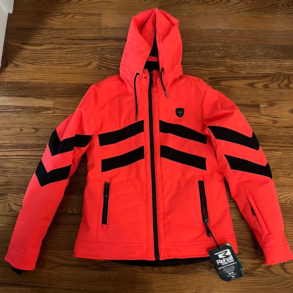 BRAND NEW neon coral and black women’s Rehall ski jacket. Tags on!